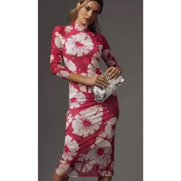 Anthropologie Long-Sleeve Mock-Neck Printed Slim Midi Dress Size S - Picture 1 of 8